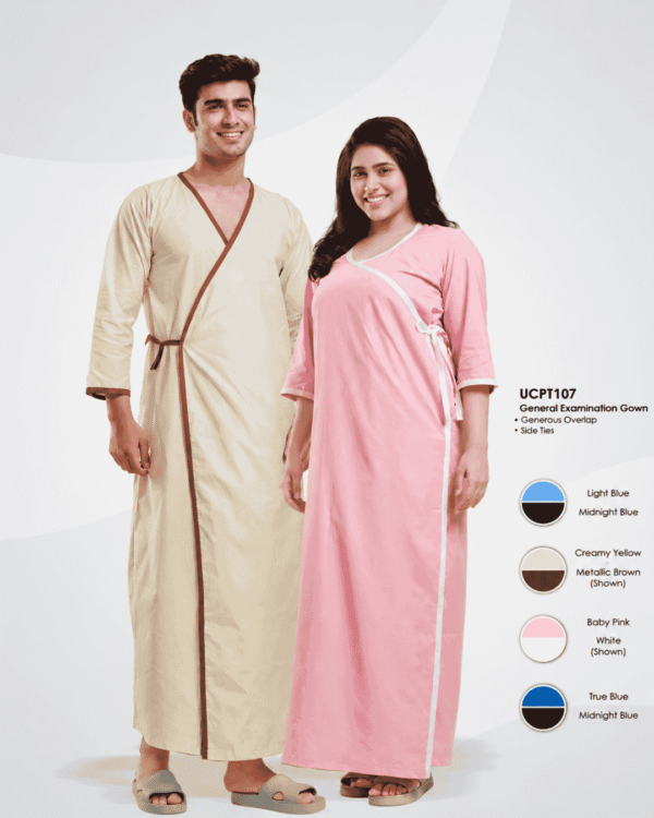 Premium Wrap-Style General Examination Gown – Baby Pink & Creamy Yellow