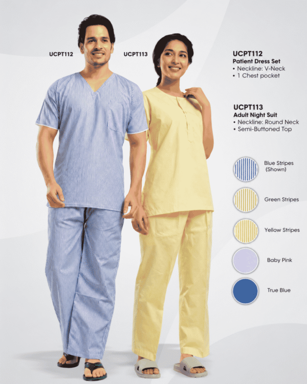 Premium Patient Dress Set & Adult Night Suit – Blue Stripes & Yellow