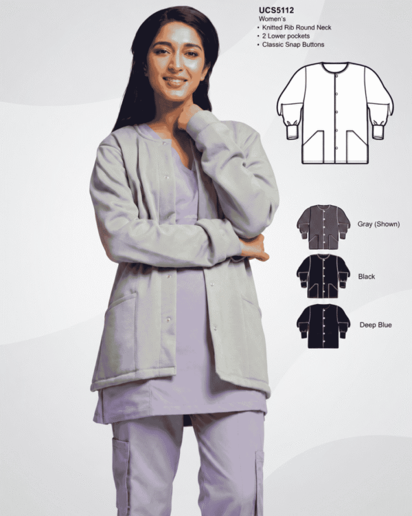 Premium Women's Ribbed Snap-Front Scrub Jacket with Scrub Set – Grey & Lavender